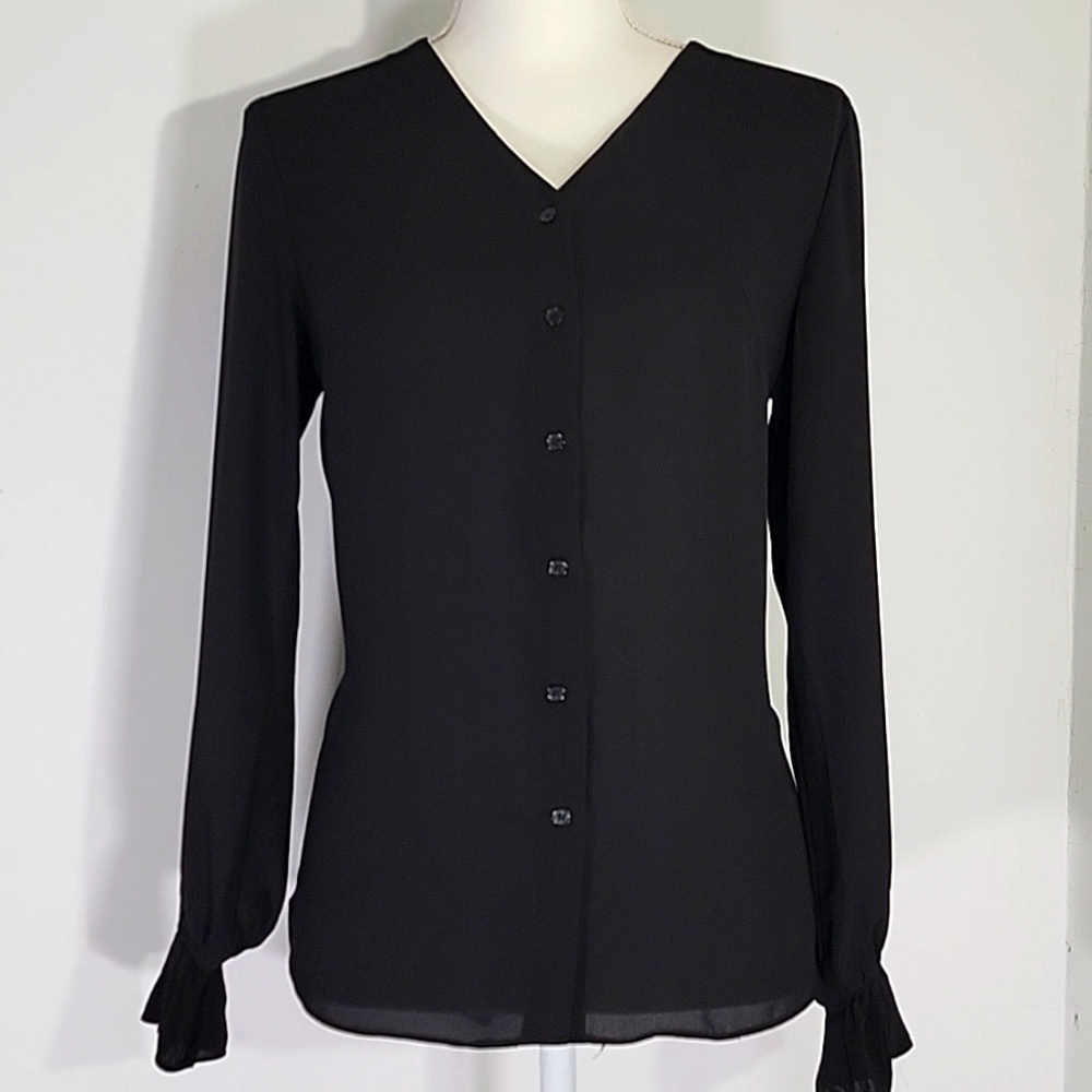 T Tahari Black V-Neck Button Up Blouse Ruffle Cuff Long Sleeve Top XS Minimalist